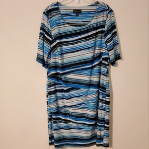 Connected Apparel Blue/Green/White Striped Tiered Shift Midi Dress